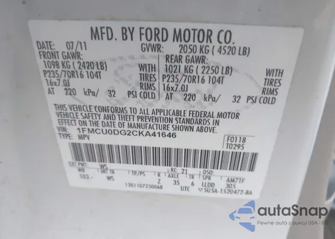 2012 Ford Escape Xlt из США, поврежденный, VIN 1FMCU0DG2CKA41646